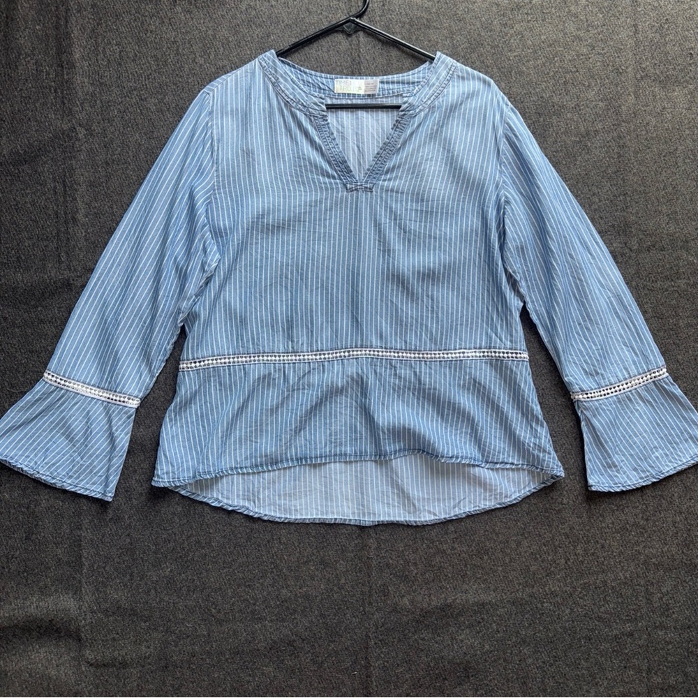 Womens Large Top Boho Long Sleeve Flare Lace Blue Stripe Cottage Coquette Hippie
